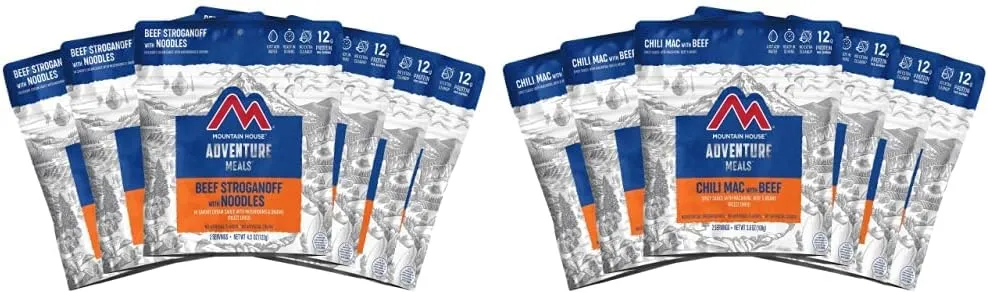 Mountain House Beef Stroganoff with Noodles (6-Pack) and Chili Mac with Beef (6-Pack) | Freeze Dried Backpacking & Camping Food