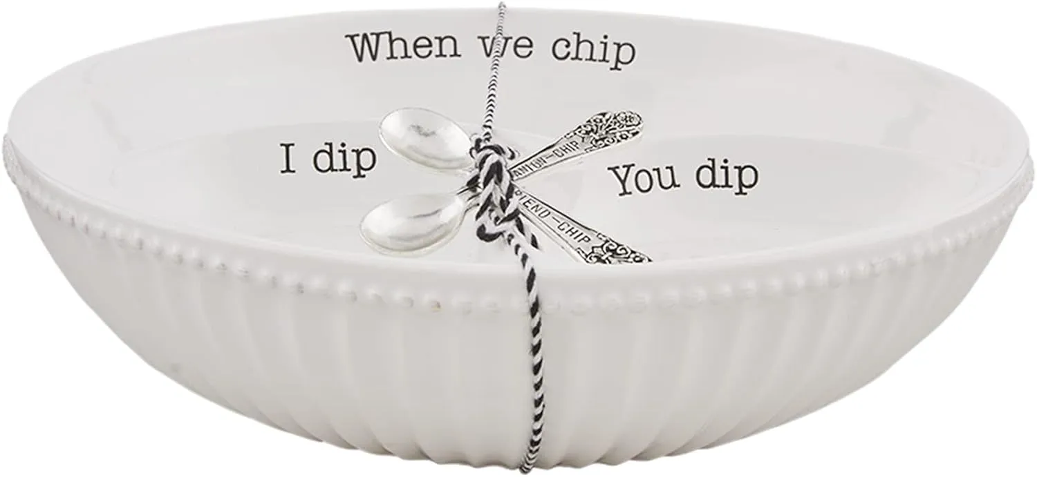 Mud Pie Circa Chip And Dip Bowl Set, White dish 3" x 12" dia | spoon 3 1/2"