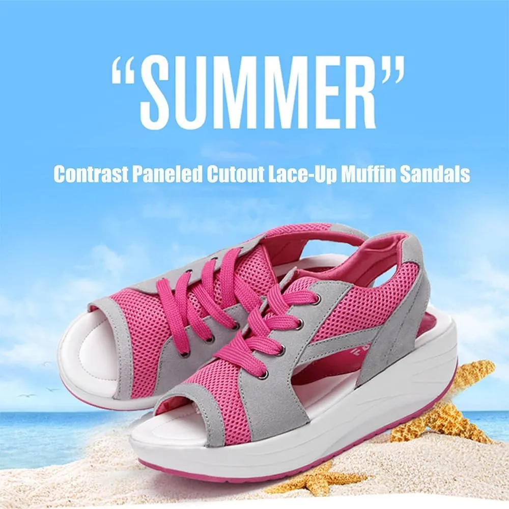Muffin Sandals for Women, Contrast Paneled Cutout Lace-Up Muffin Sandals, Platform Wedges Open Toe Shoes