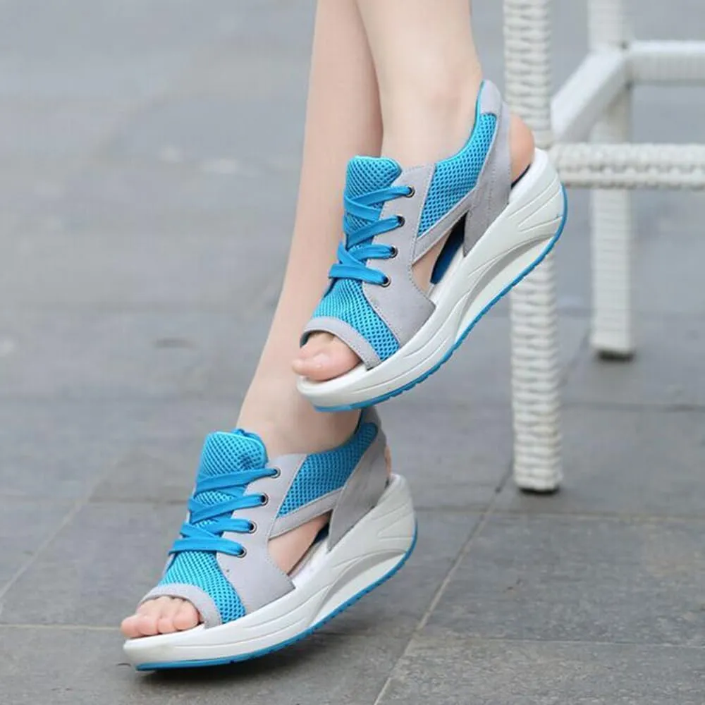 Muffin Sandals for Women, Contrast Paneled Cutout Lace-Up Muffin Sandals, Platform Wedges Open Toe Shoes