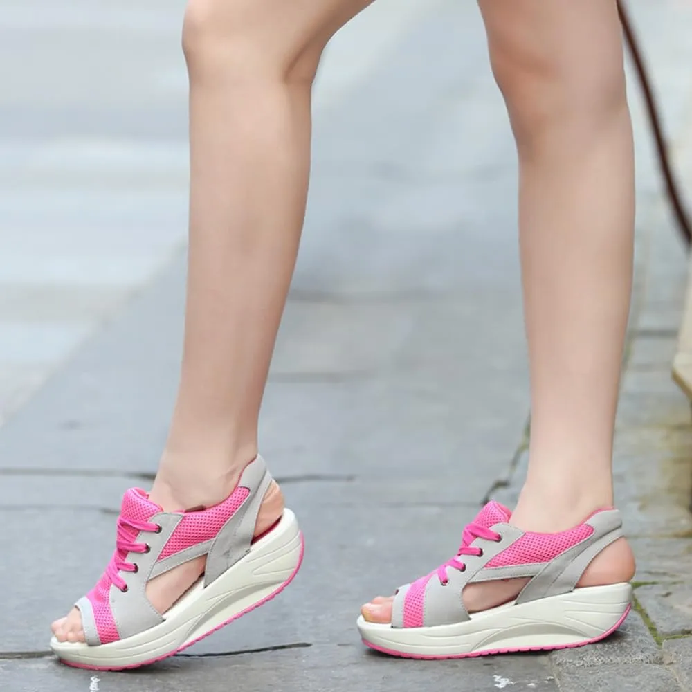 Muffin Sandals for Women, Contrast Paneled Cutout Lace-Up Muffin Sandals, Platform Wedges Open Toe Shoes