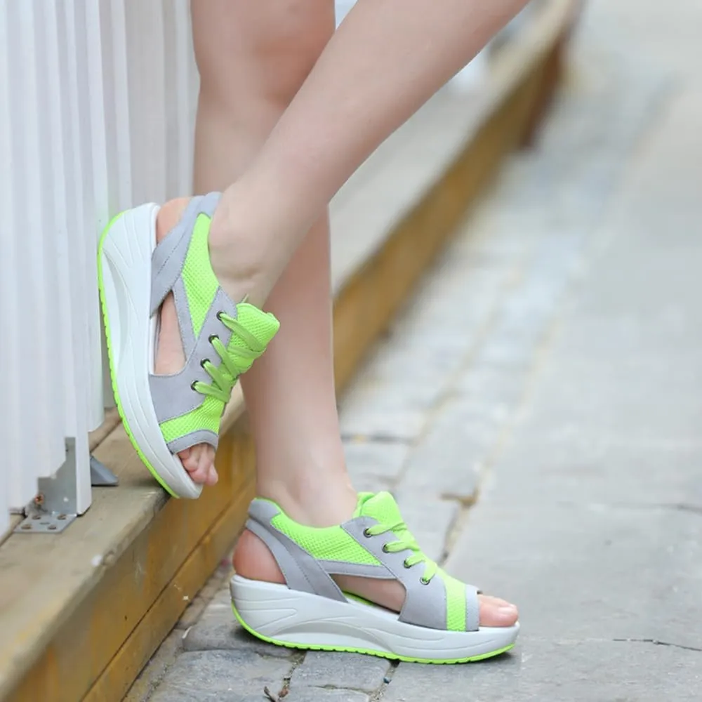 Muffin Sandals for Women, Contrast Paneled Cutout Lace-Up Muffin Sandals, Platform Wedges Open Toe Shoes