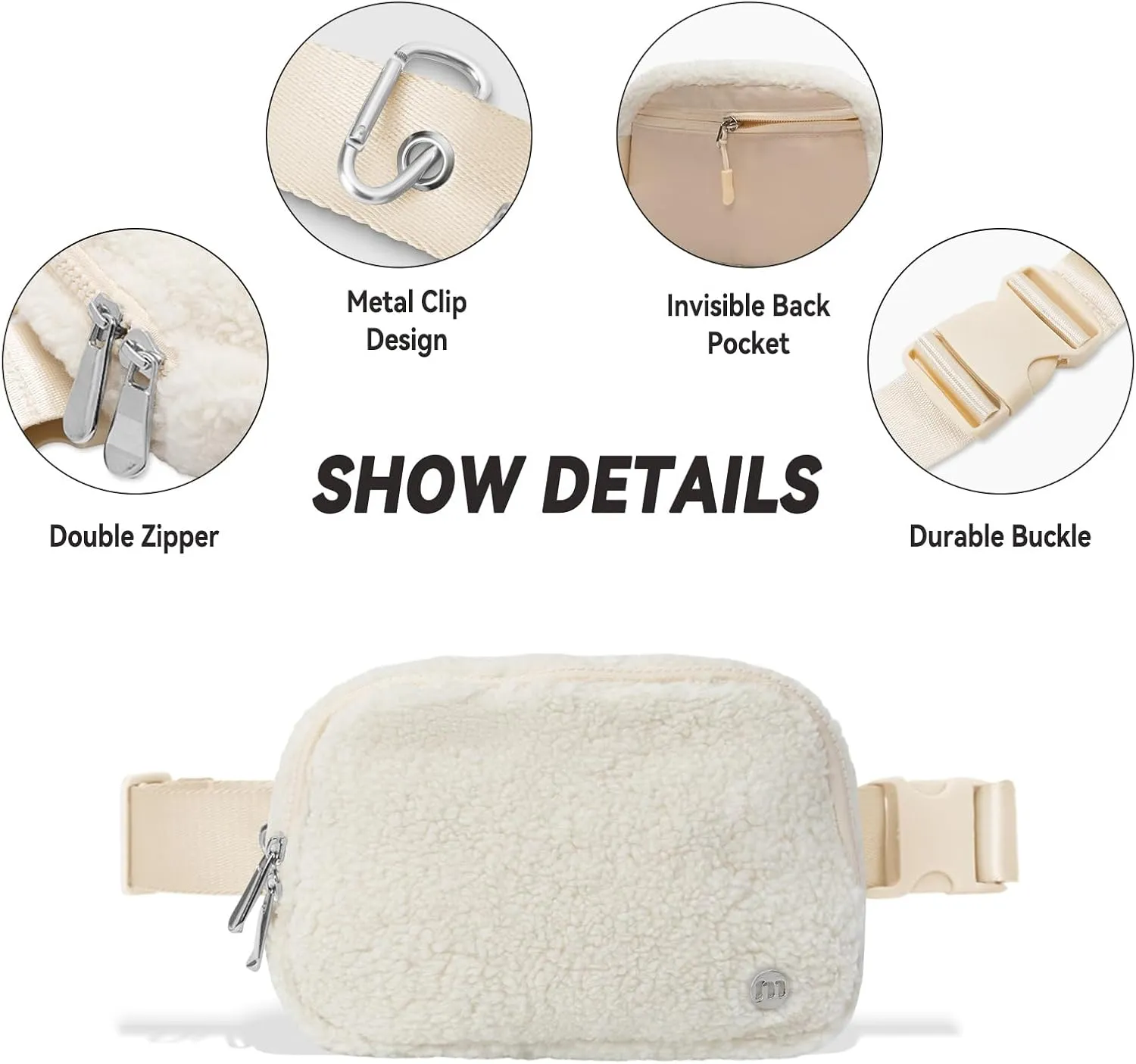 Mum’s Memory Fleece Mini Belt Bag with Adjustable Strap, Sherpa Small Waist Pouch Fanny Pack for Workout Running Traveling Hiking, Ivory（white）
