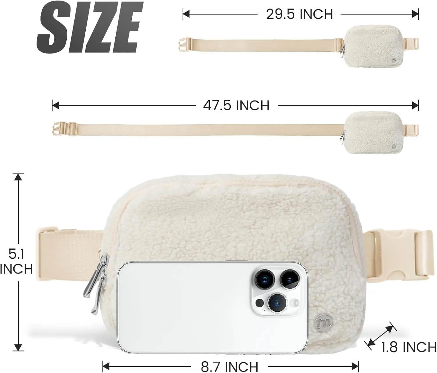 Mum’s Memory Fleece Mini Belt Bag with Adjustable Strap, Sherpa Small Waist Pouch Fanny Pack for Workout Running Traveling Hiking, Ivory（white）