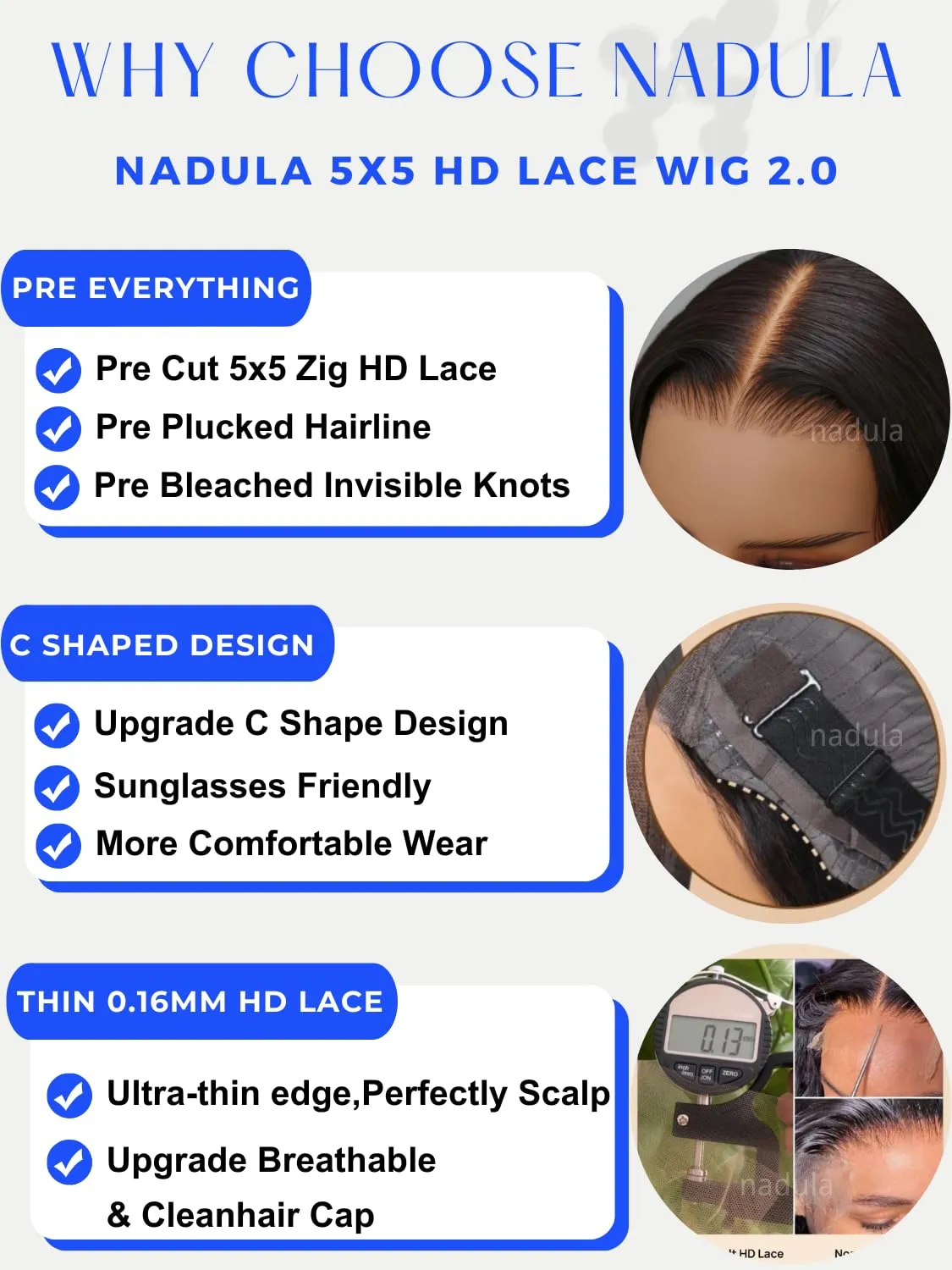 Nadula Glueless 5x5 Thin HD BlendAway Body Wave Lace Closure Bye Bye Knots Wigs Human Hair Pre Cut/Plucked/Bleached Match All Skin Tones Pre Everything Glueless Wigs 180% Density 16inch