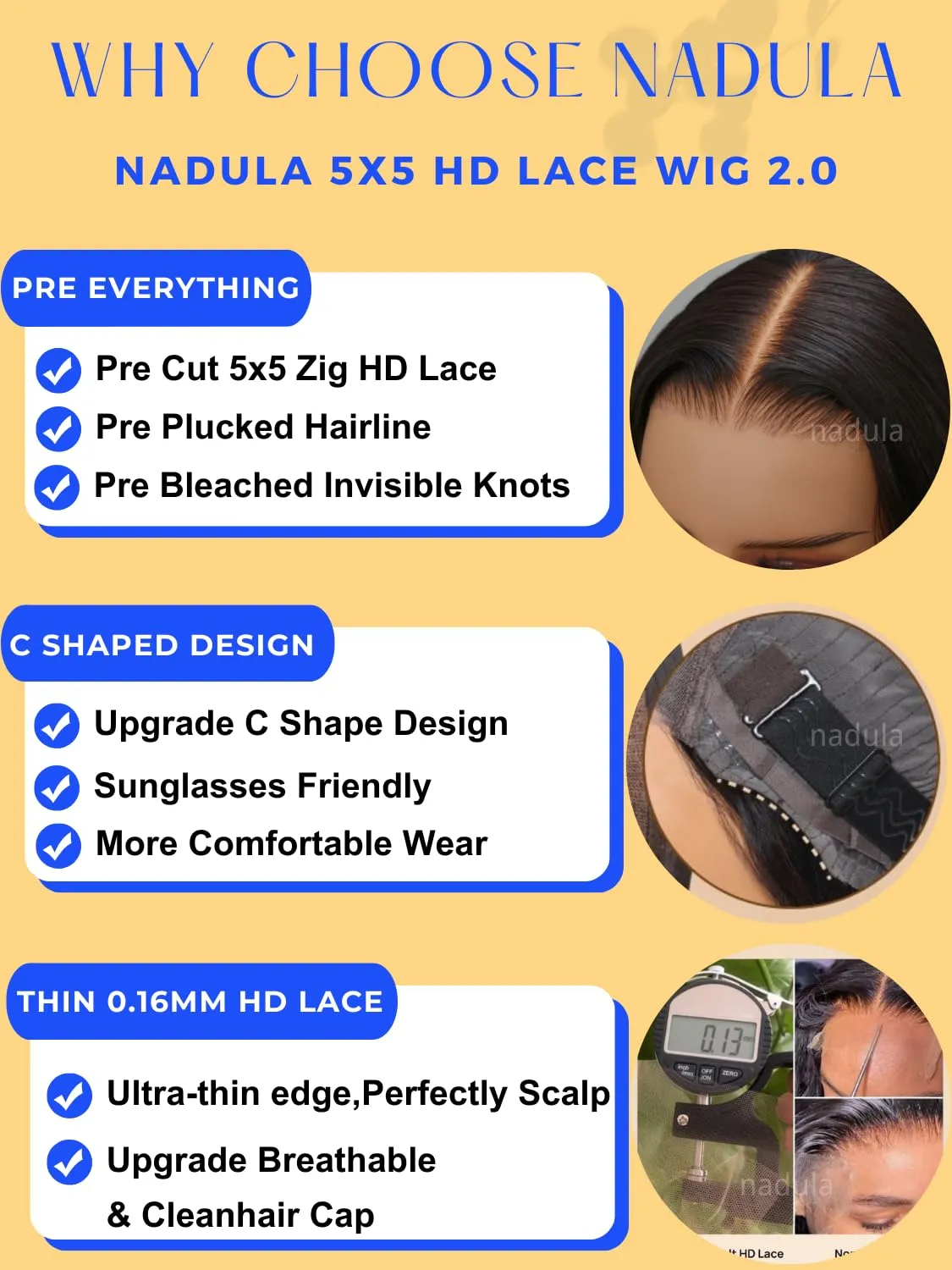 Nadula Yaki Straight Glueless 5x5 Thin HD BlendAway Lace Closure Bye Bye Knots Wigs Human Hair Pre Cut/Plucked/Bleached Match All Skin Tones Pre Everything Glueless Wigs 180% Density 18inch
