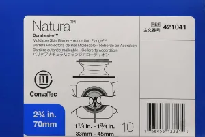 Natura Moldable Durahesive Skin Barrier Accordion Flange with Hydrocolloid Flexible Collar, Opening 1-5/16" to 1-3/4" (33 45mm), Flange 2-3/4" (70mm) Part No. 421041 Qty 10 Per Box