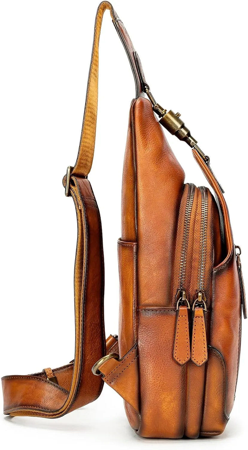 NIUCUNZH Genuine Leather Sling Bag Metal-Latch Crossbody Bag Handmade Vintage Chest Shoulder Backpack for Women and Men Brown