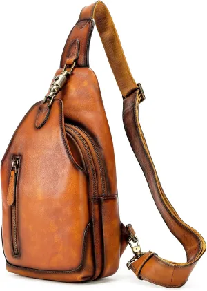 NIUCUNZH Genuine Leather Sling Bag Metal-Latch Crossbody Bag Handmade Vintage Chest Shoulder Backpack for Women and Men Brown