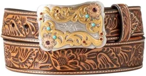 Nocona Belt Co. Women's Floral Embossed Scalloped Buckle Belt, Natural, Medium