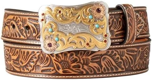 Nocona Belt Co. Women's Floral Embossed Scalloped Buckle Belt, Natural, Medium