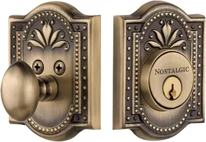 Nostalgic Warehouse 726061 Meadows Plate Single Cylinder Deadbolt Meadows Door Knob in Antique Brass,