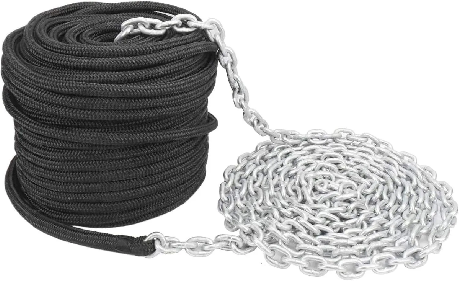 NovelBee 1/2 inch Double Braid Nylon Rope with 1/4 Inch x 15 Feet Galvanized Chain for Boat Anchor Rope and Dock Line (Black, Length:150')