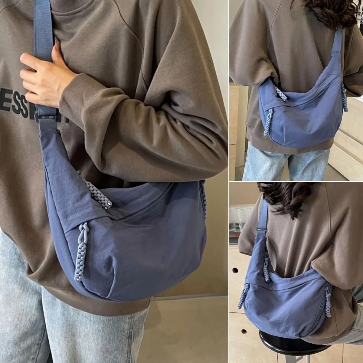 Nylon Crossbody Bags for Women, Trendy Medium Crescent Bag, Lightweight Woman Over Shoulder Purse with Zipper