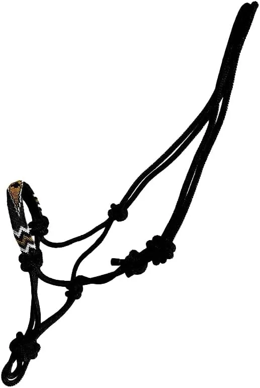 Nylon Horse Size Cowboy Knot Rope Halter with Beaded Cross Nose and Removable Lead