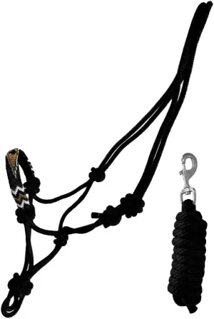 Nylon Horse Size Cowboy Knot Rope Halter with Beaded Cross Nose and Removable Lead