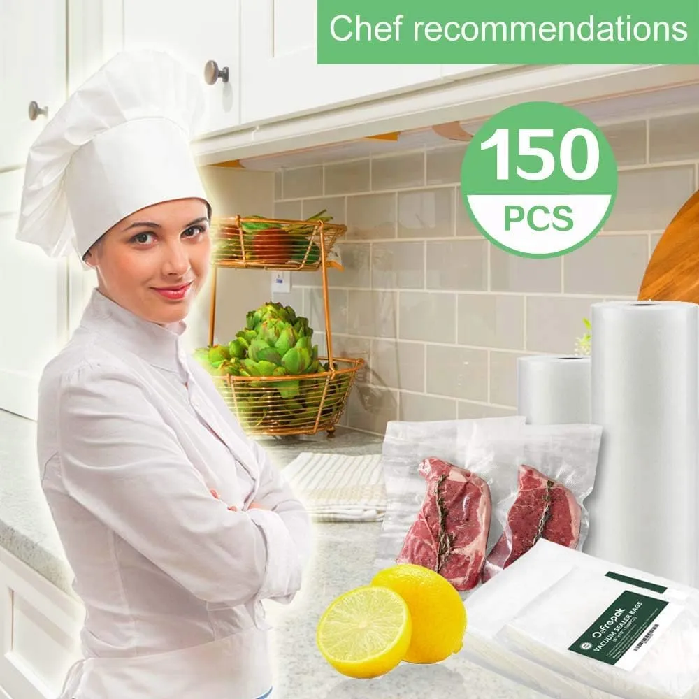 O2frepak 150 Count Vacuum Sealer Bags 50 of Each Size 50 Pint 6"X10",50 Quart 8"X12"and 50 Gallon11"X16" BPA Free Sous Vide Seal a Meal Vaccume Seal Pre-Cut Combo Pack Bag