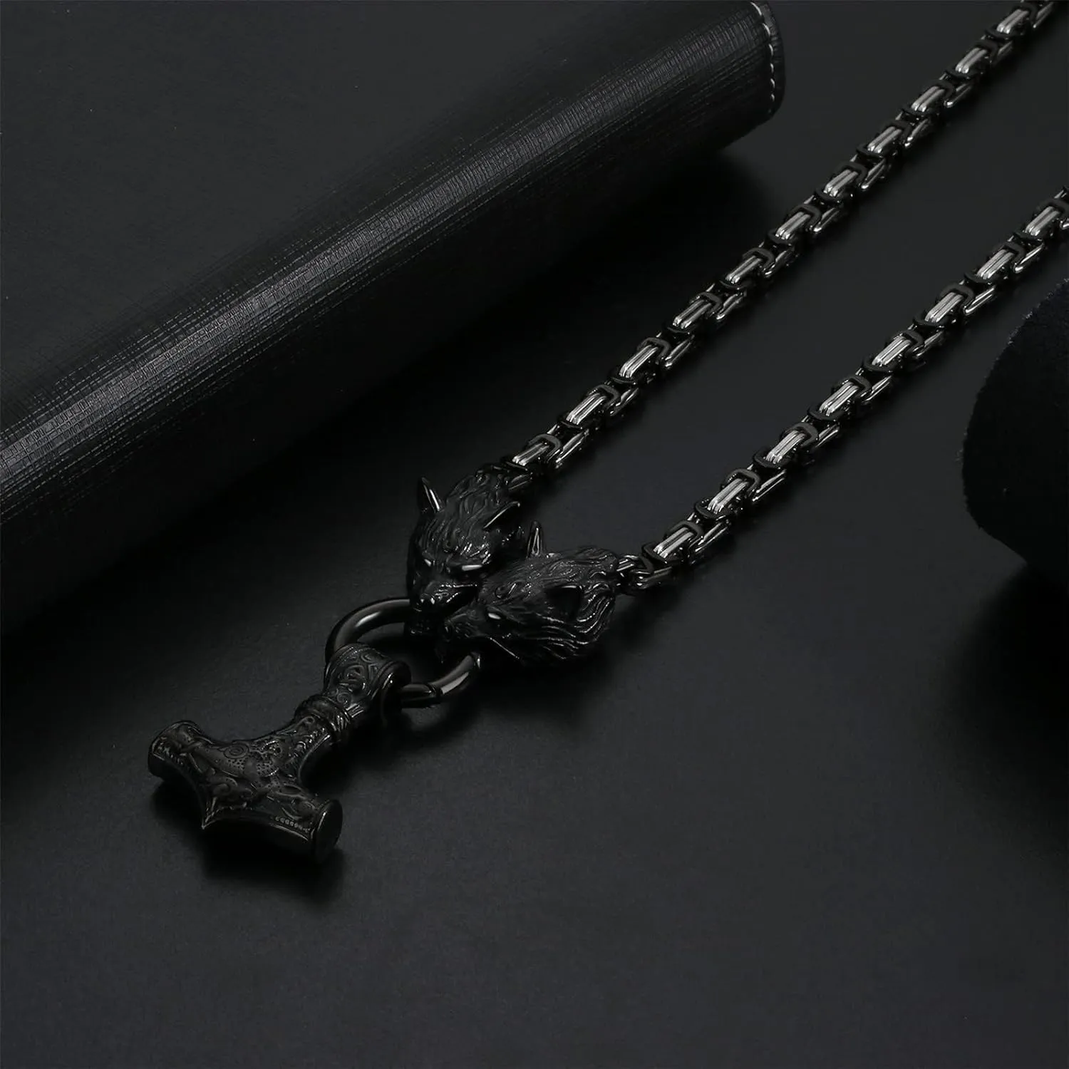 OIDEA Viking Mjolnir Necklace for Men with Wolf Head King Chain, Stainless Steel Viking Amulet Thors Hammer Necklace Norse Pagan Jewelry,22 inch Chain