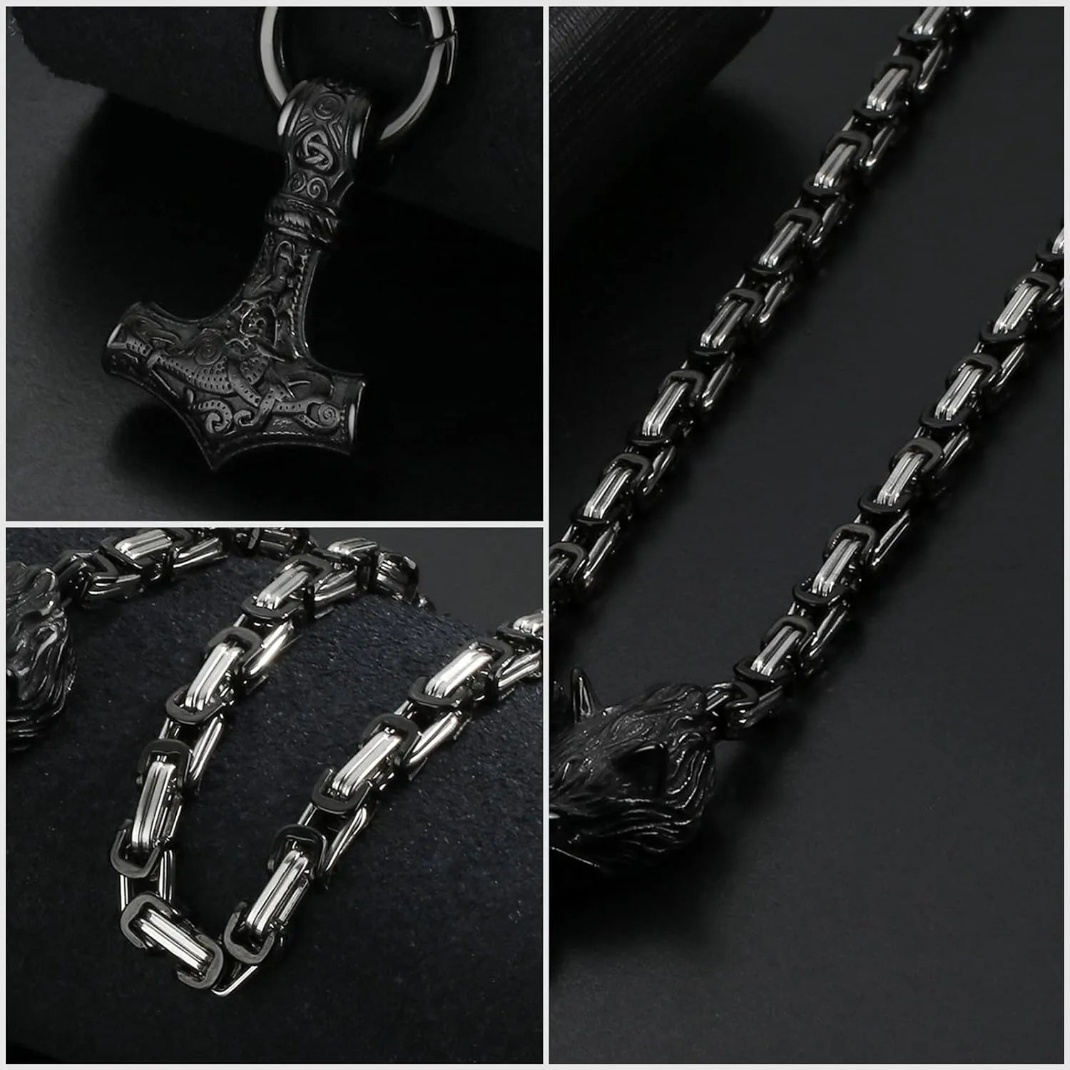 OIDEA Viking Mjolnir Necklace for Men with Wolf Head King Chain, Stainless Steel Viking Amulet Thors Hammer Necklace Norse Pagan Jewelry,22 inch Chain
