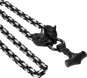 OIDEA Viking Mjolnir Necklace for Men with Wolf Head King Chain, Stainless Steel Viking Amulet Thors Hammer Necklace Norse Pagan Jewelry,22 inch Chain