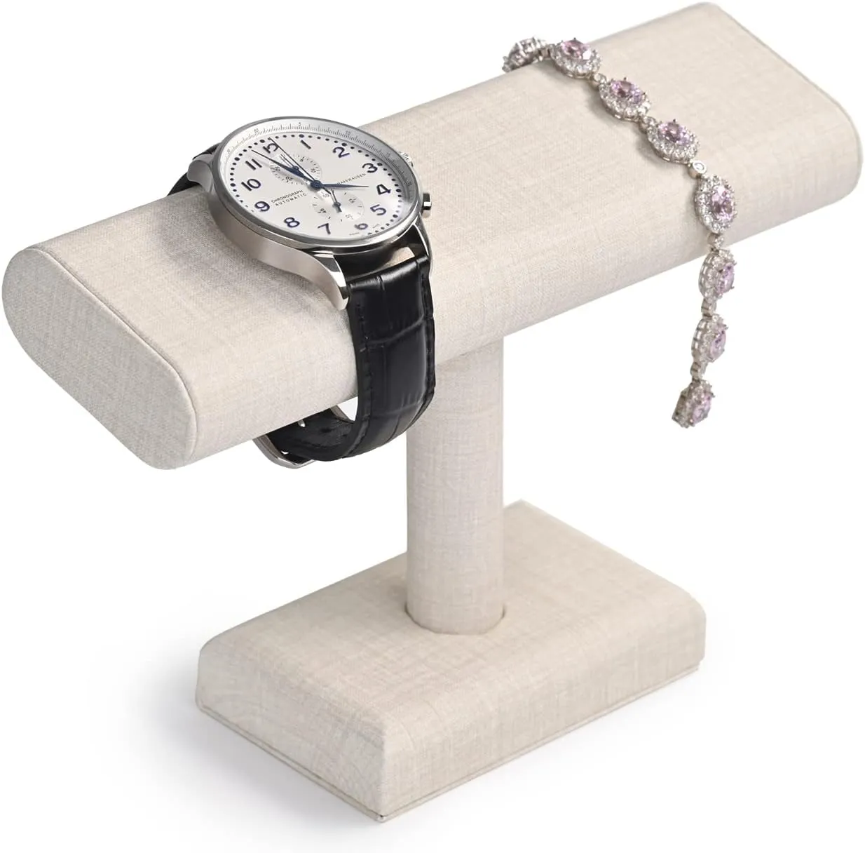Oirlv Premium Leather Watch Display Stand T-bar Showcase Jewelry Display Holder Home Chain Bracelet Bangle Organizer (White)