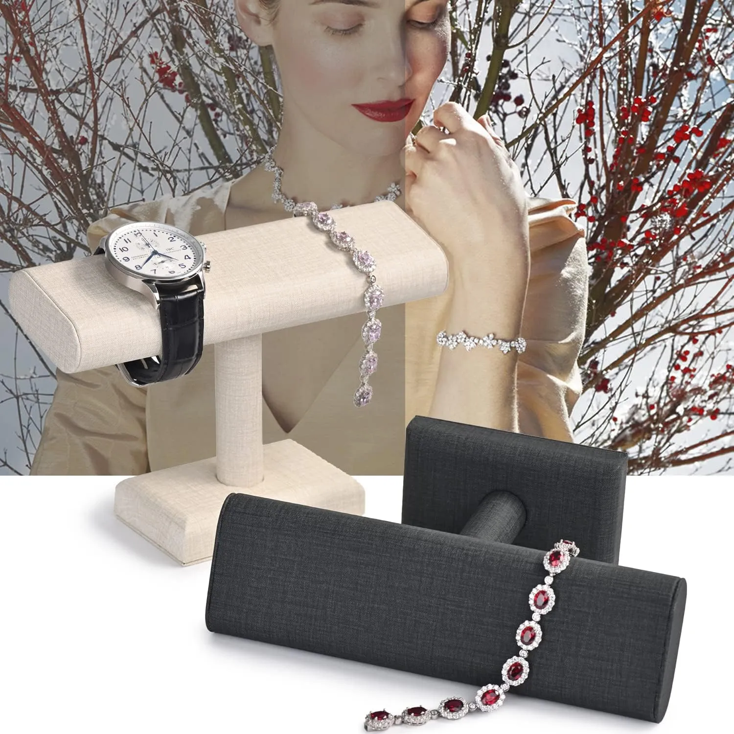 Oirlv Premium Leather Watch Display Stand T-bar Showcase Jewelry Display Holder Home Chain Bracelet Bangle Organizer (White)