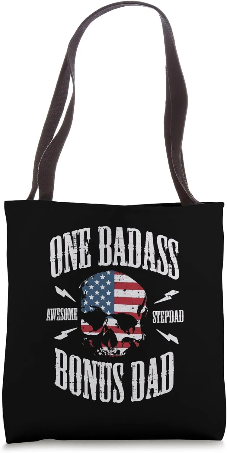 One Badass Bonus Dad US Flag Skull Stepdad Step Dad Patriot Tote Bag