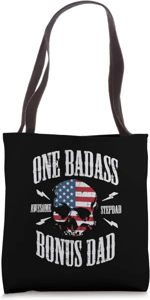 One Badass Bonus Dad US Flag Skull Stepdad Step Dad Patriot Tote Bag