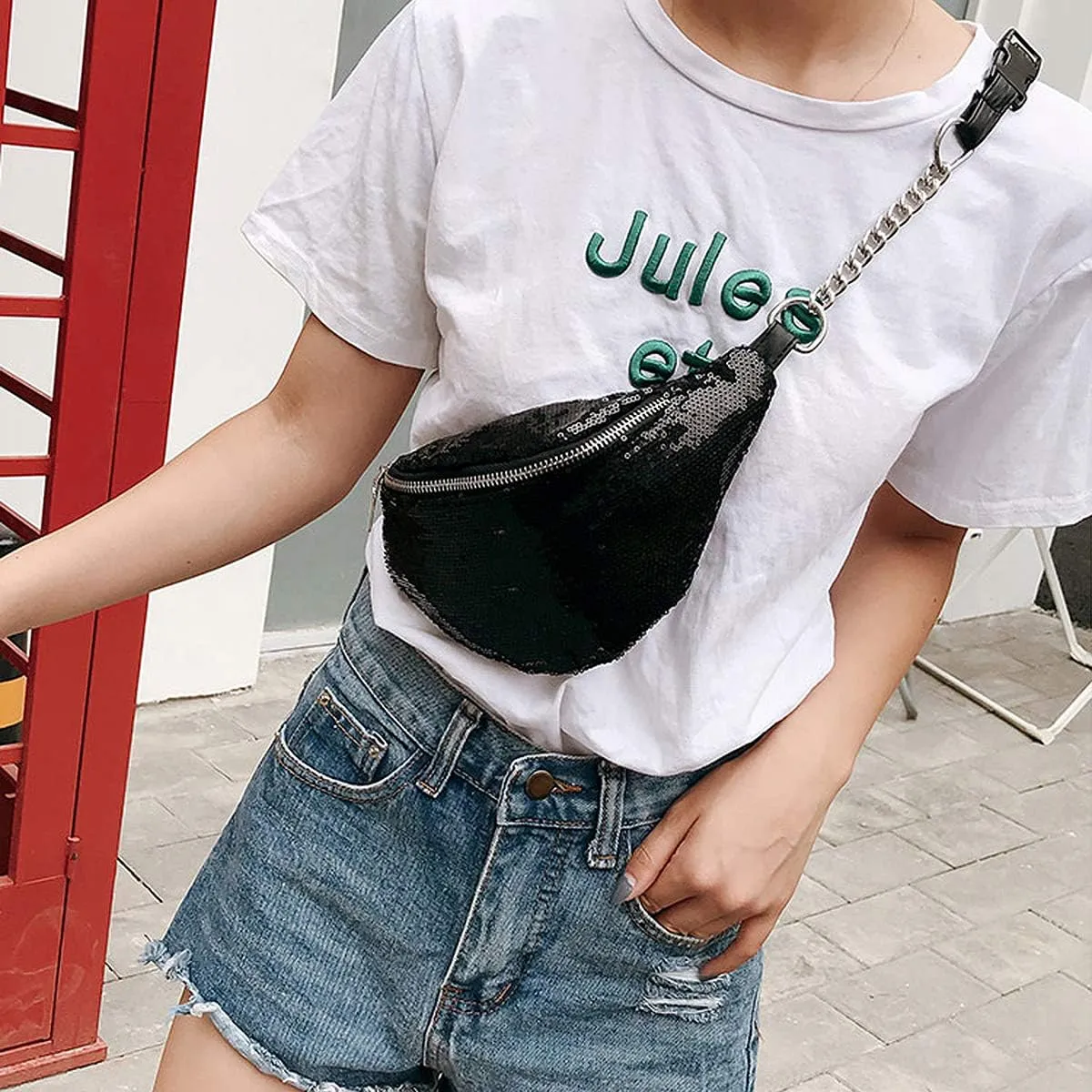 Orityle Bling Sequins Fanny Waist Pack Glitter Shoulder Chest Bag with Adjustable Belt for Women Girl