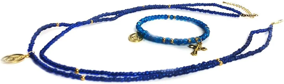Our Lady of Grace Blue Beaded Pendant Necklace and Rosary Bracelet Set