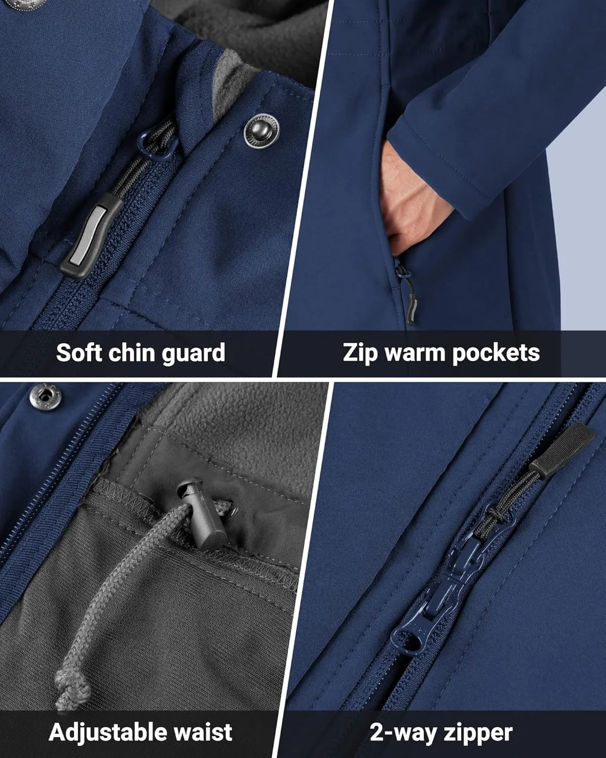 Outdoor Ventures Women's Lightweight Waterproof Fleece Lined Hooded Softshell Rain Jacket, Warm Windbreaker Long Coat