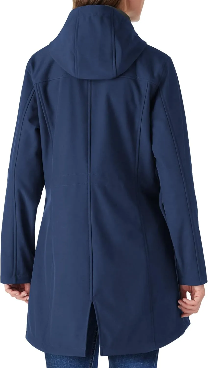 Outdoor Ventures Women's Lightweight Waterproof Fleece Lined Hooded Softshell Rain Jacket, Warm Windbreaker Long Coat