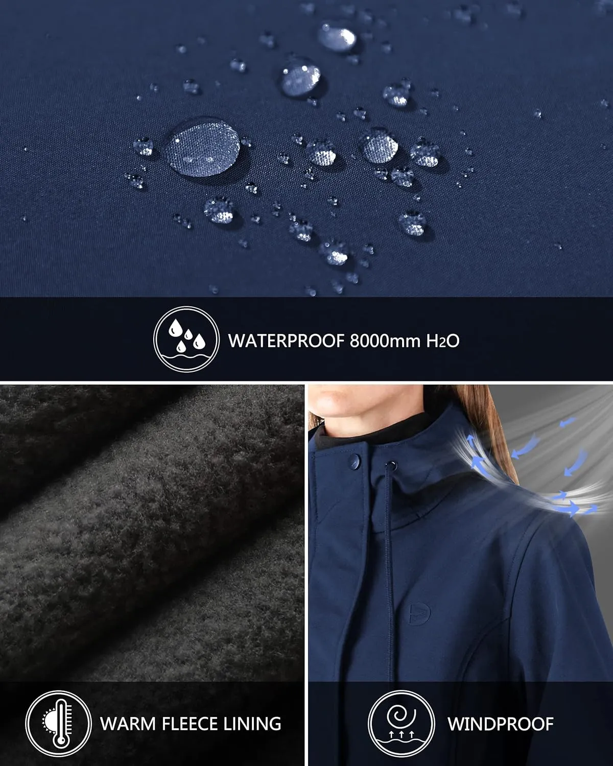 Outdoor Ventures Women's Lightweight Waterproof Fleece Lined Hooded Softshell Rain Jacket, Warm Windbreaker Long Coat