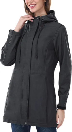 Outdoor Ventures Women's Lightweight Waterproof Fleece Lined Hooded Softshell Rain Jacket, Warm Windbreaker Long Coat