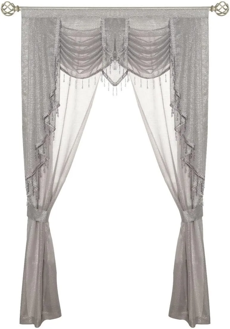 Overstock Kate Aurora Ultra Glam Beaded Sparkly Sheer Window in a Bag Curtain Set - 58 in. W x 84 in. - 58 in. W x 84 in. Grey