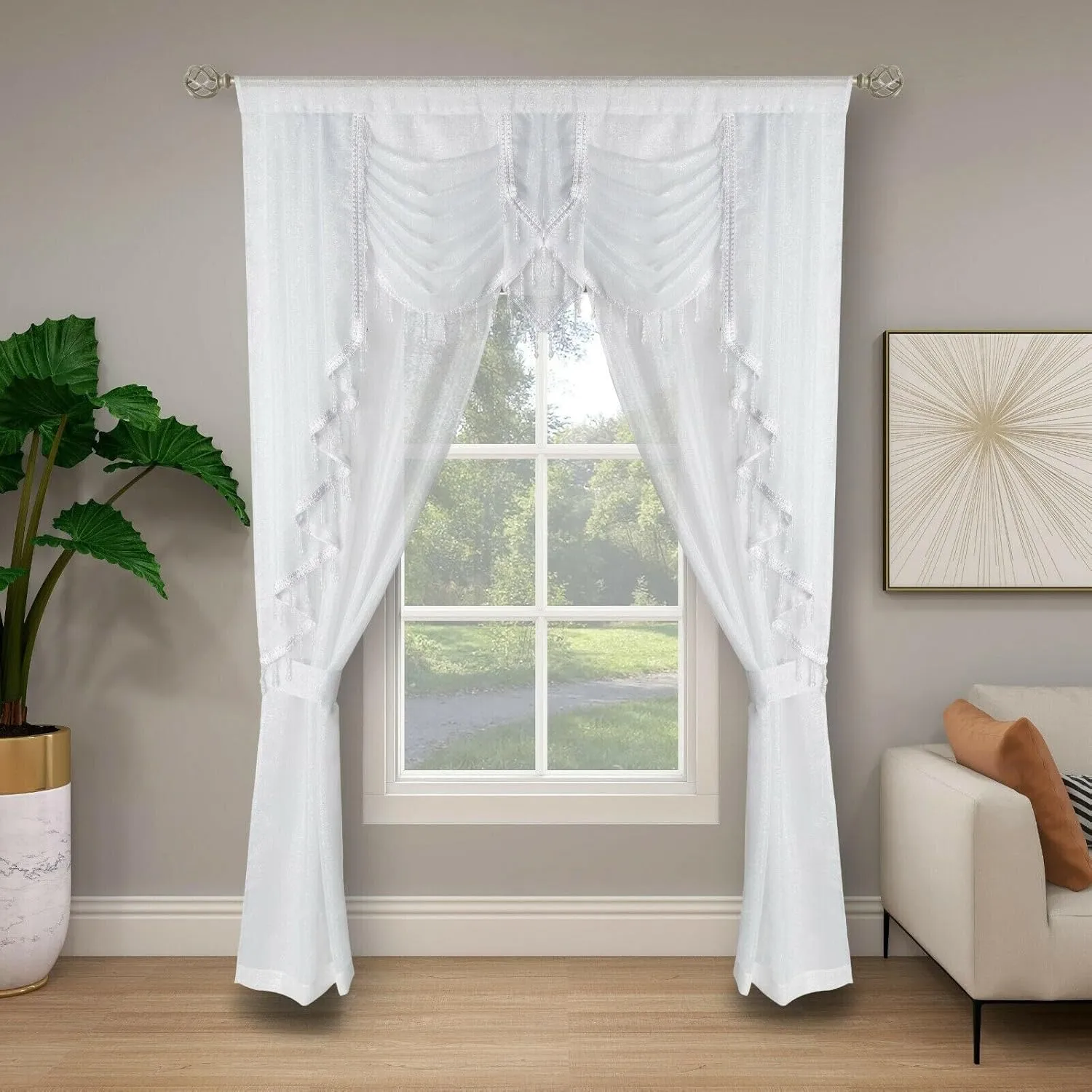 Overstock Kate Aurora Ultra Glam Beaded Sparkly Sheer Window in a Bag Curtain Set - 58 in. W x 84 in. - 58 in. W x 84 in. White
