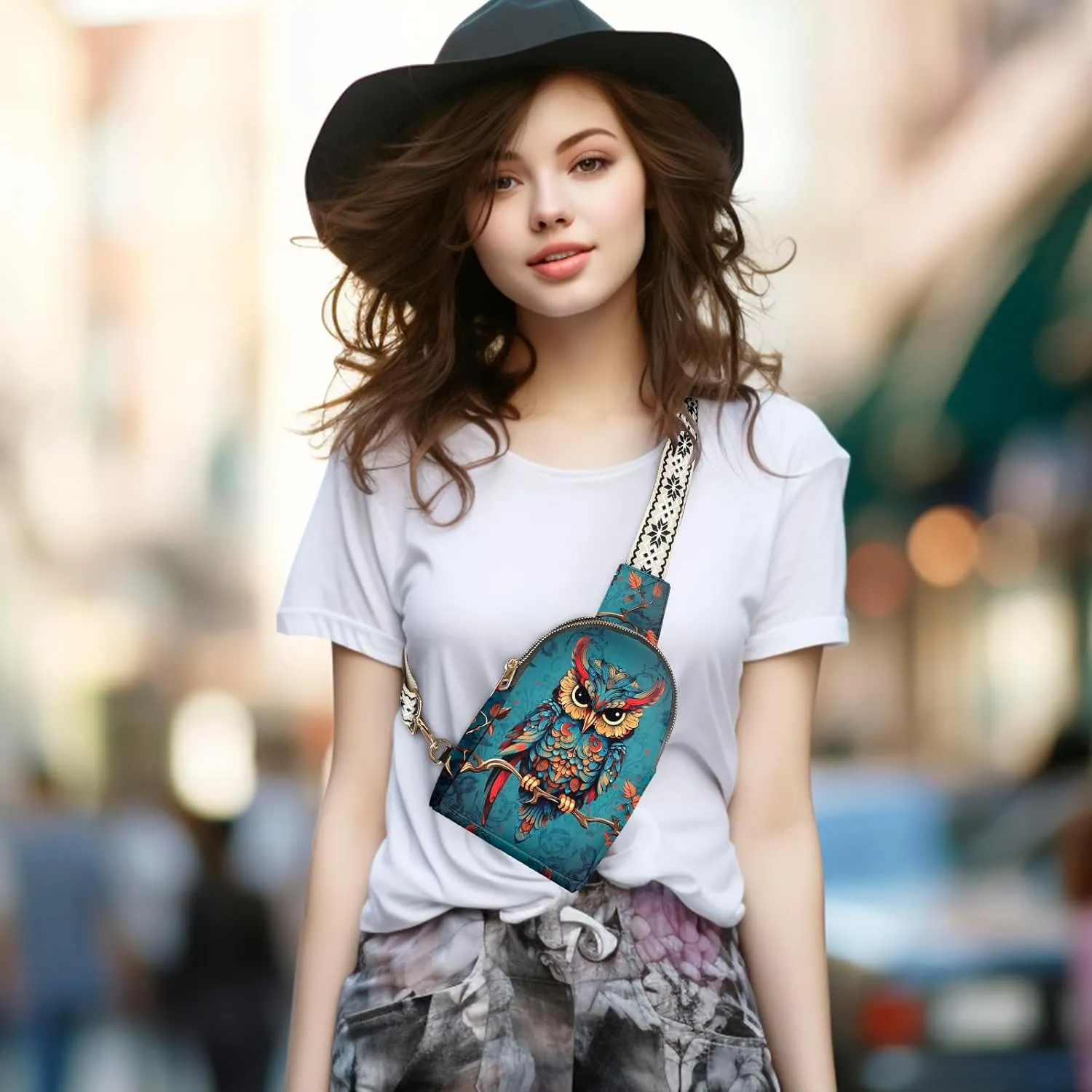 Owl Small Sling Bag for Women Leather Fanny Pack Travel Sling Crossbody Purse Presents for Hiking Cycling Running