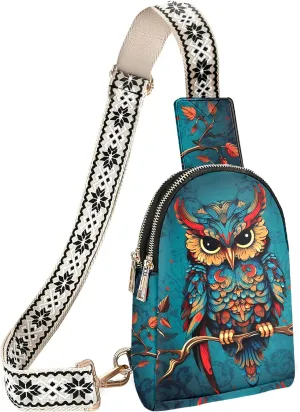 Owl Small Sling Bag for Women Leather Fanny Pack Travel Sling Crossbody Purse Presents for Hiking Cycling Running