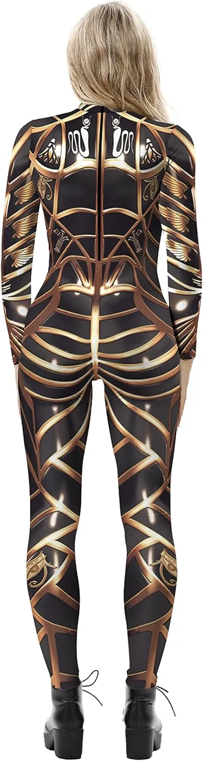 Panegy Women Men Skeleton Jumpsuit Adult Onesie 3D Skull Halloween Costume Romper Full Bodysuit Stretch Fit