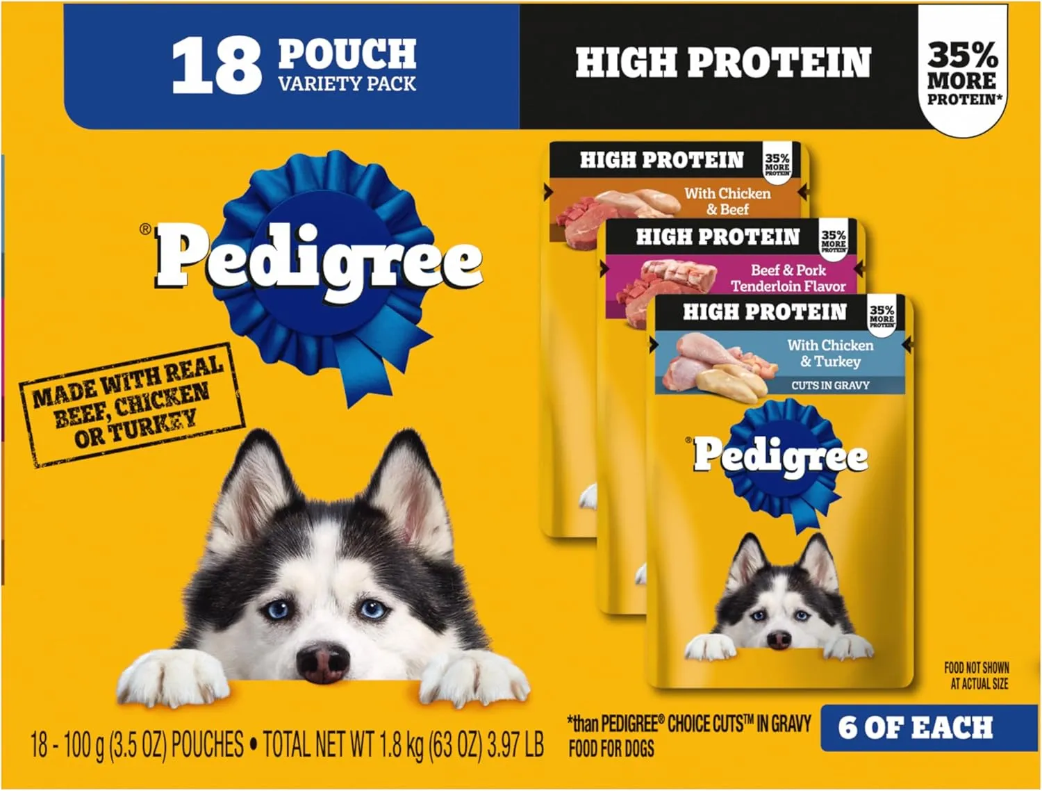 Pedigree High Protein Wet Dog Food Pouches, Variety Pack, 3.5 oz. Pouches,(Pack of 18)