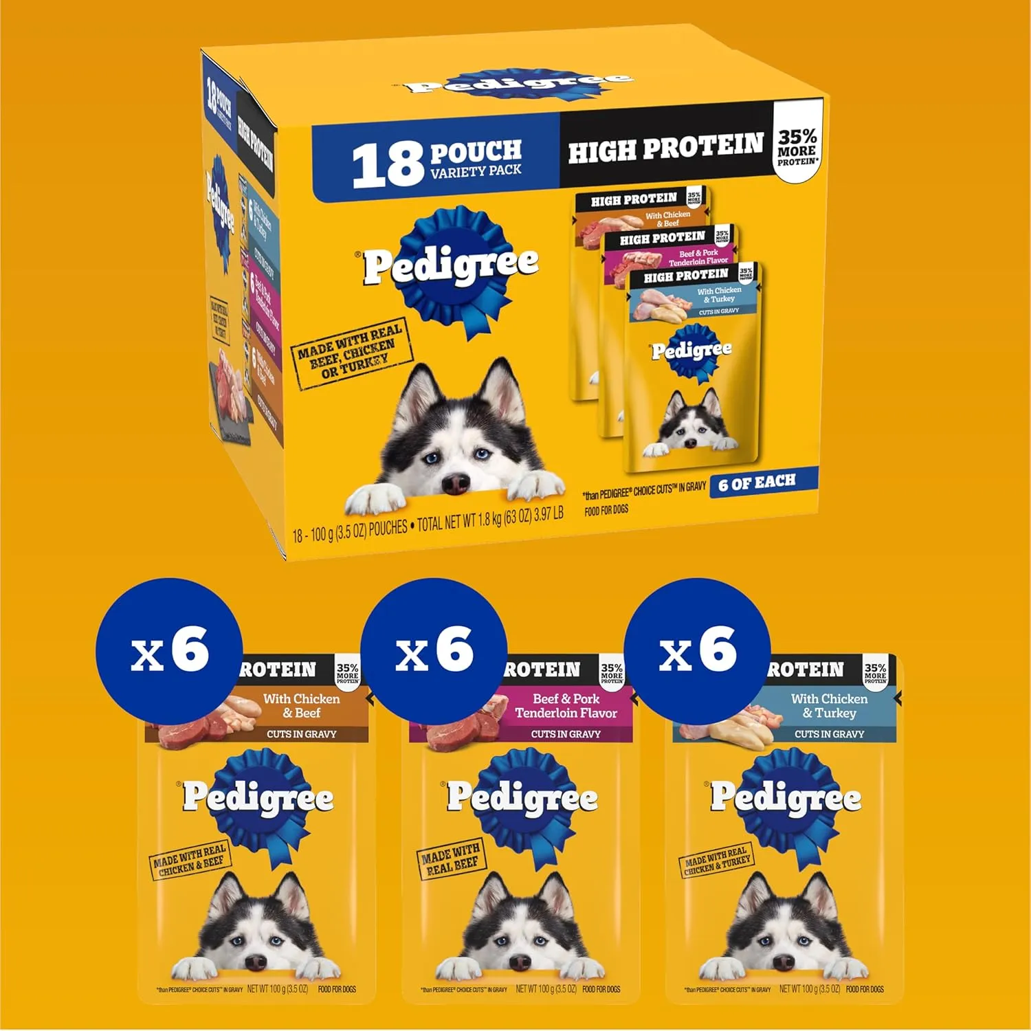 Pedigree High Protein Wet Dog Food Pouches, Variety Pack, 3.5 oz. Pouches,(Pack of 18)