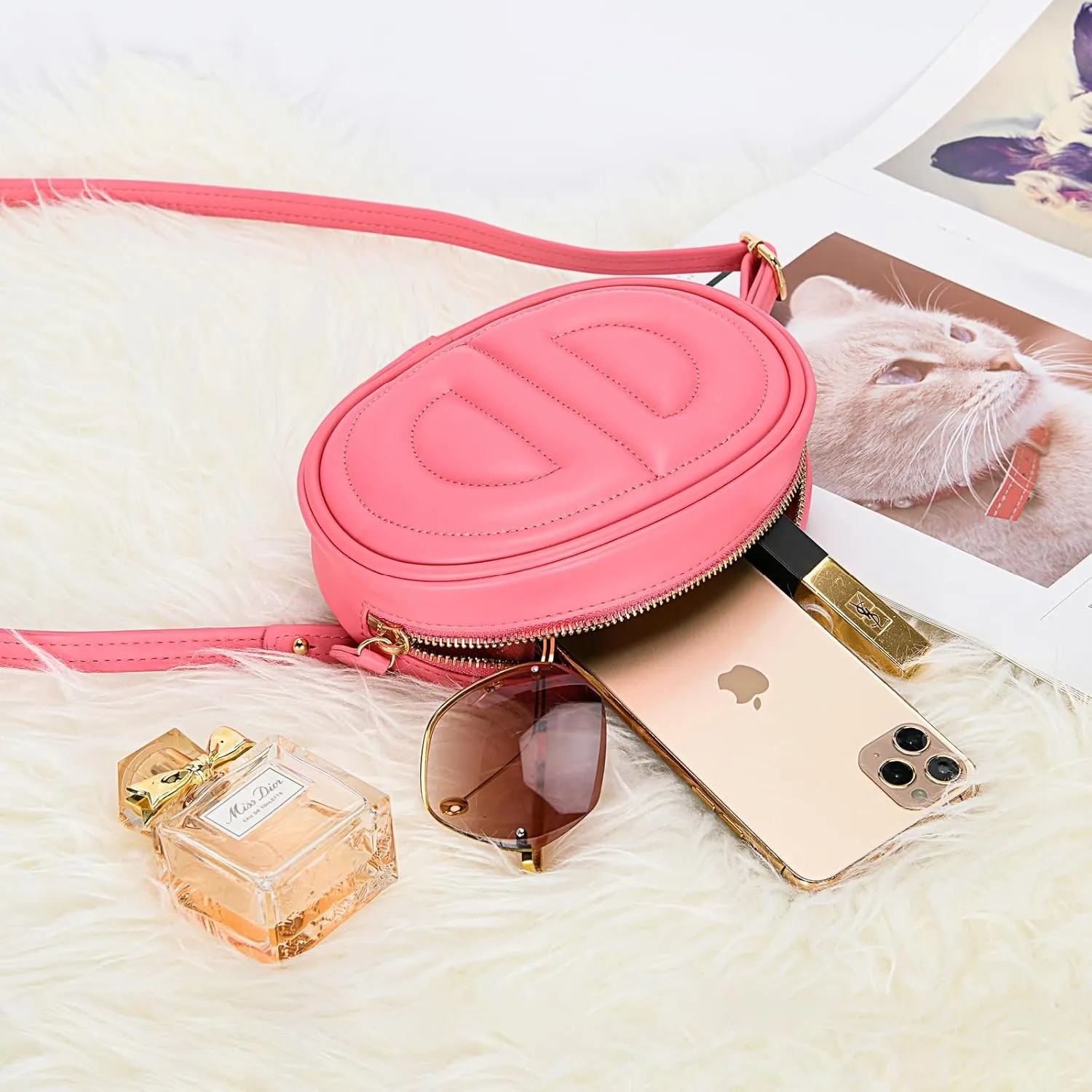 Pink H bag, Leather fanny pack for women,Fashion hot pink crossbody, Popular exquisite waterproof fanny bag for women.