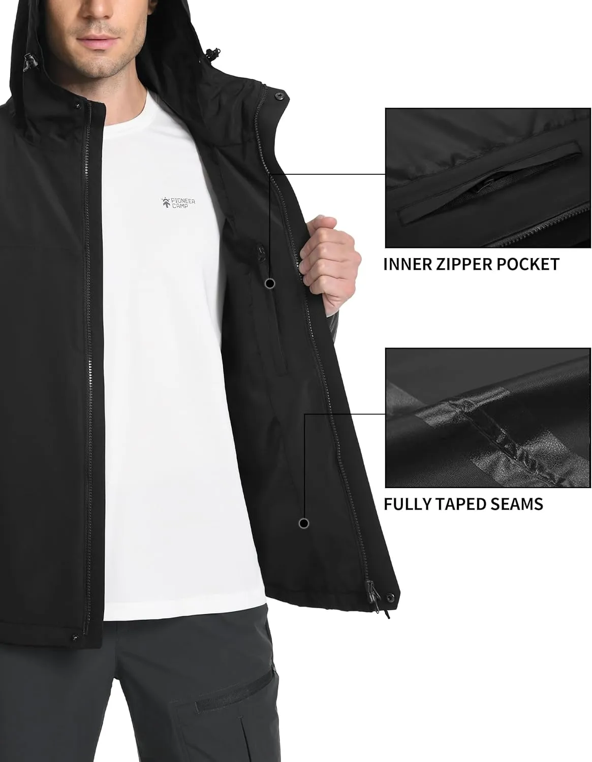 Pioneer Camp Mens Rain Jacket Waterproof Shell Jacket Hooded Lightweight Rain Coat for Outdoor Hiking 4 Pockets Windbreaker