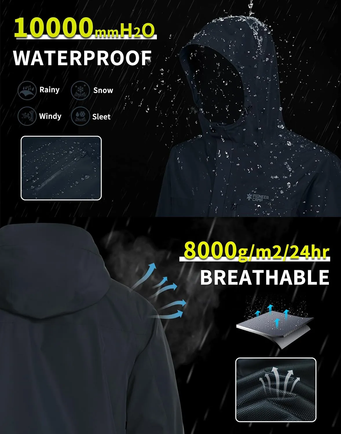 Pioneer Camp Mens Rain Jacket Waterproof Shell Jacket Hooded Lightweight Rain Coat for Outdoor Hiking 4 Pockets Windbreaker