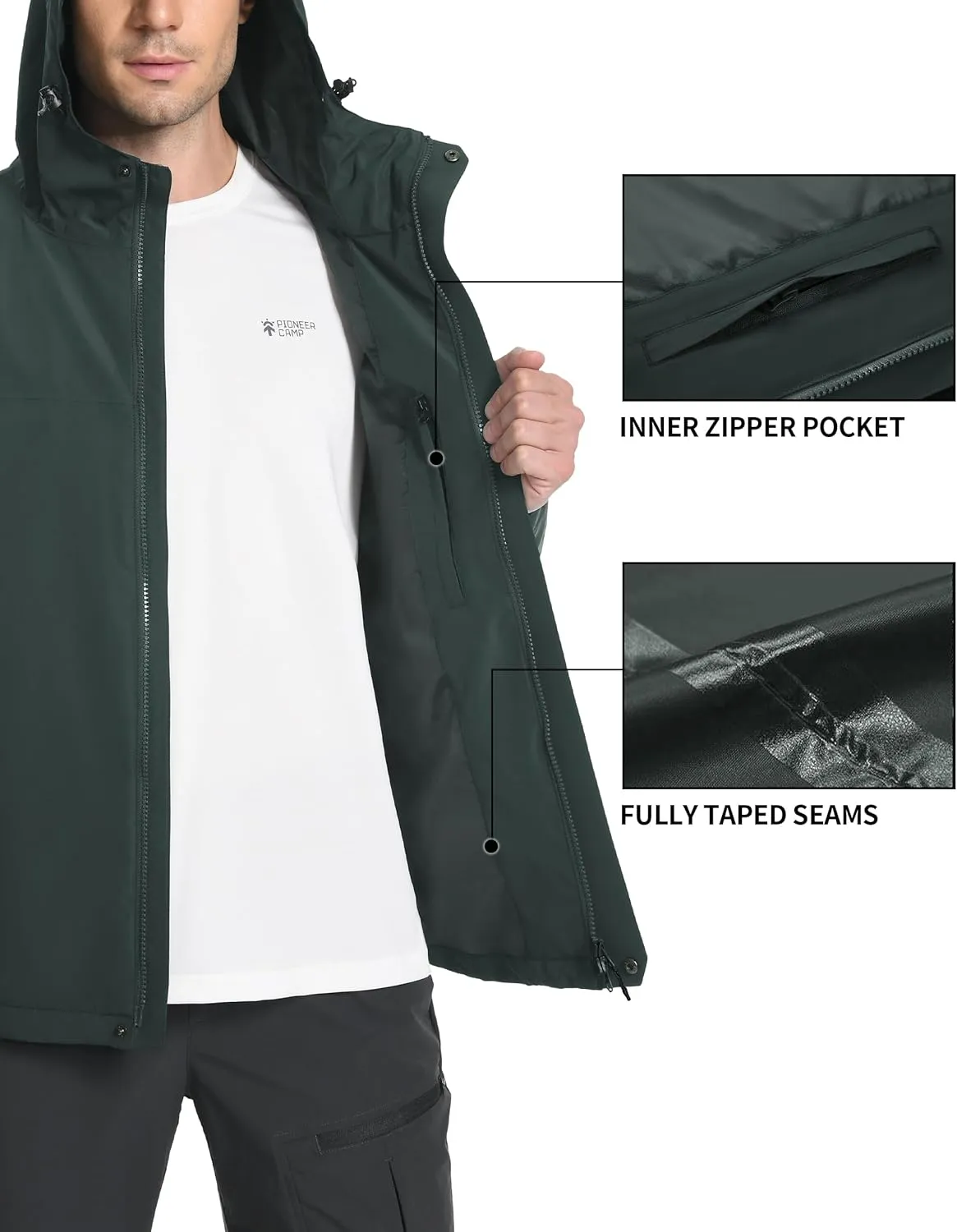 Pioneer Camp Mens Rain Jacket Waterproof Shell Jacket Hooded Lightweight Rain Coat for Outdoor Hiking 4 Pockets Windbreaker