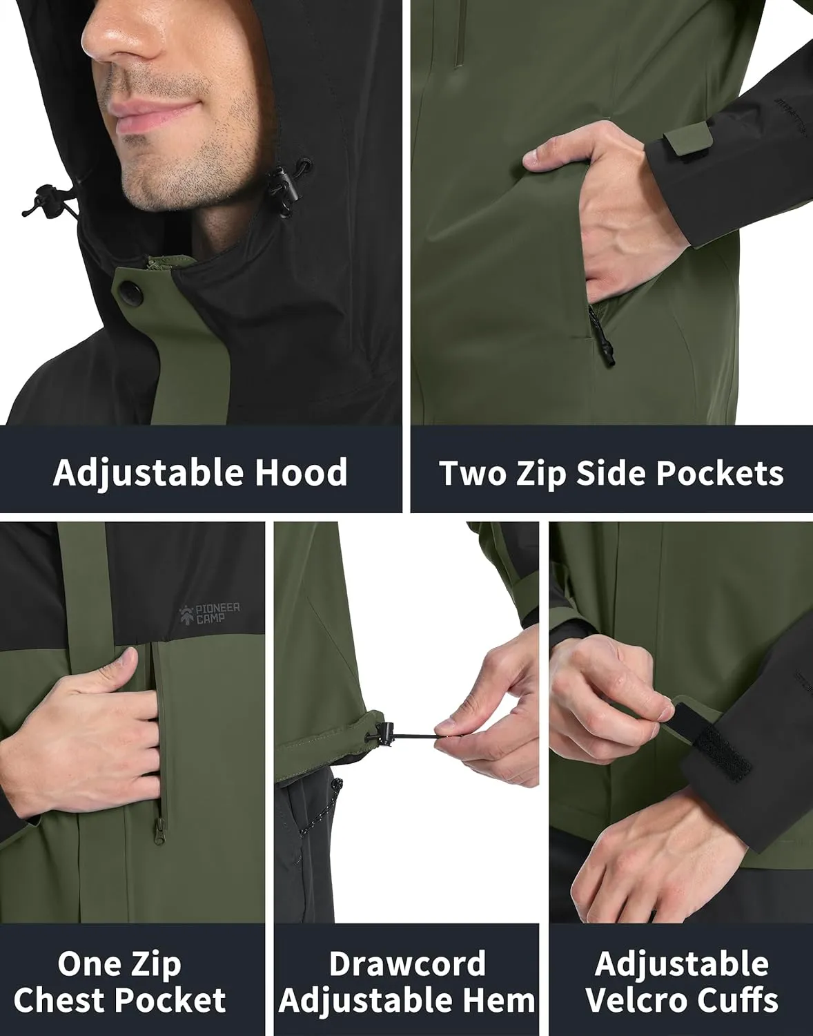 Pioneer Camp Mens Rain Jacket Waterproof Shell Jacket Hooded Lightweight Rain Coat for Outdoor Hiking 4 Pockets Windbreaker