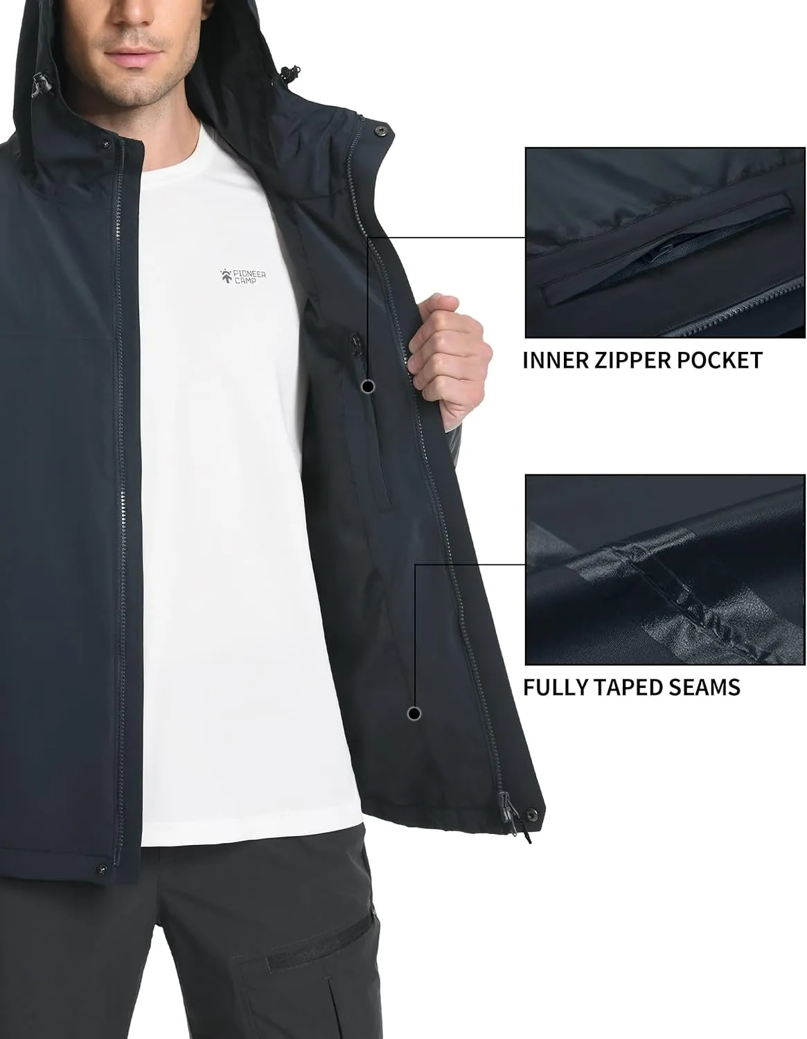 Pioneer Camp Mens Rain Jacket Waterproof Shell Jacket Hooded Lightweight Rain Coat for Outdoor Hiking 4 Pockets Windbreaker
