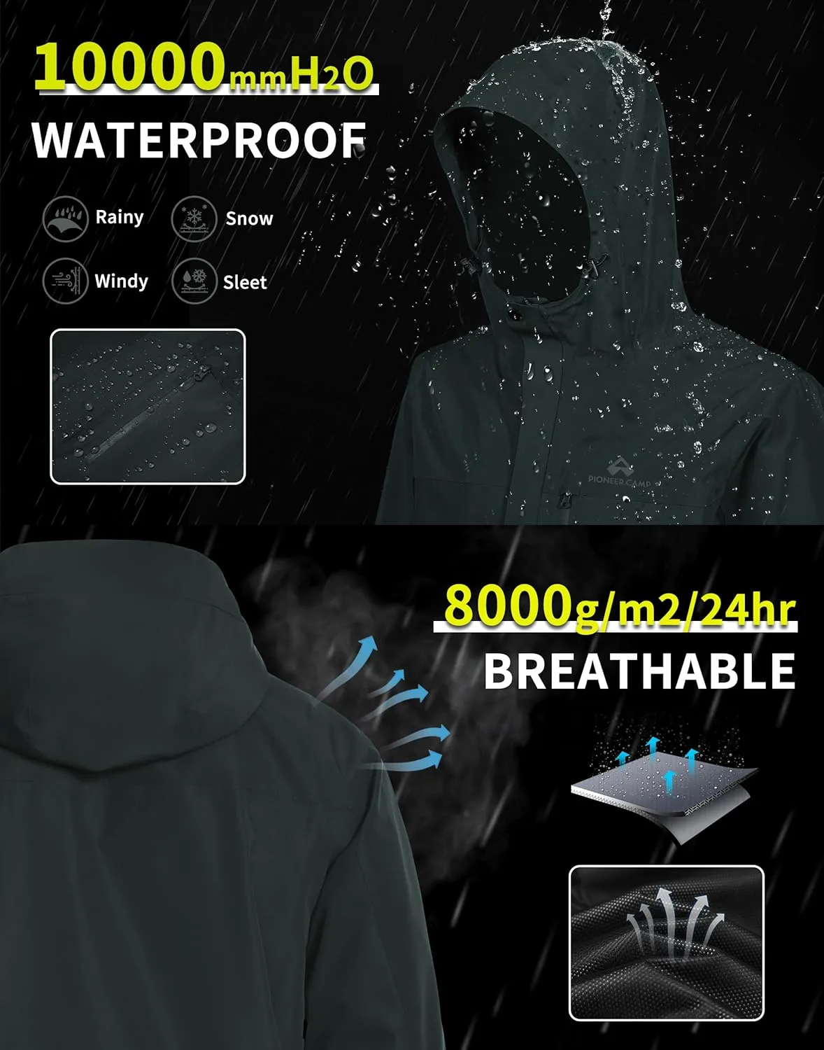 Pioneer Camp Mens Rain Jacket Waterproof Shell Jacket Hooded Lightweight Rain Coat for Outdoor Hiking 4 Pockets Windbreaker