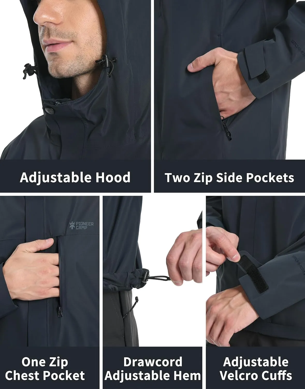 Pioneer Camp Mens Rain Jacket Waterproof Shell Jacket Hooded Lightweight Rain Coat for Outdoor Hiking 4 Pockets Windbreaker