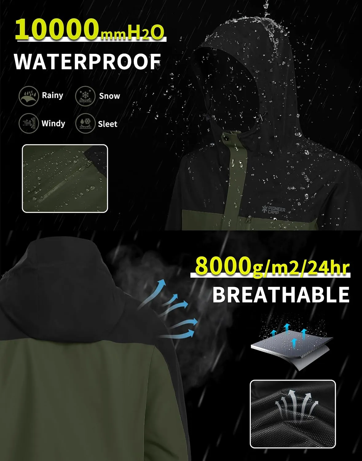 Pioneer Camp Mens Rain Jacket Waterproof Shell Jacket Hooded Lightweight Rain Coat for Outdoor Hiking 4 Pockets Windbreaker